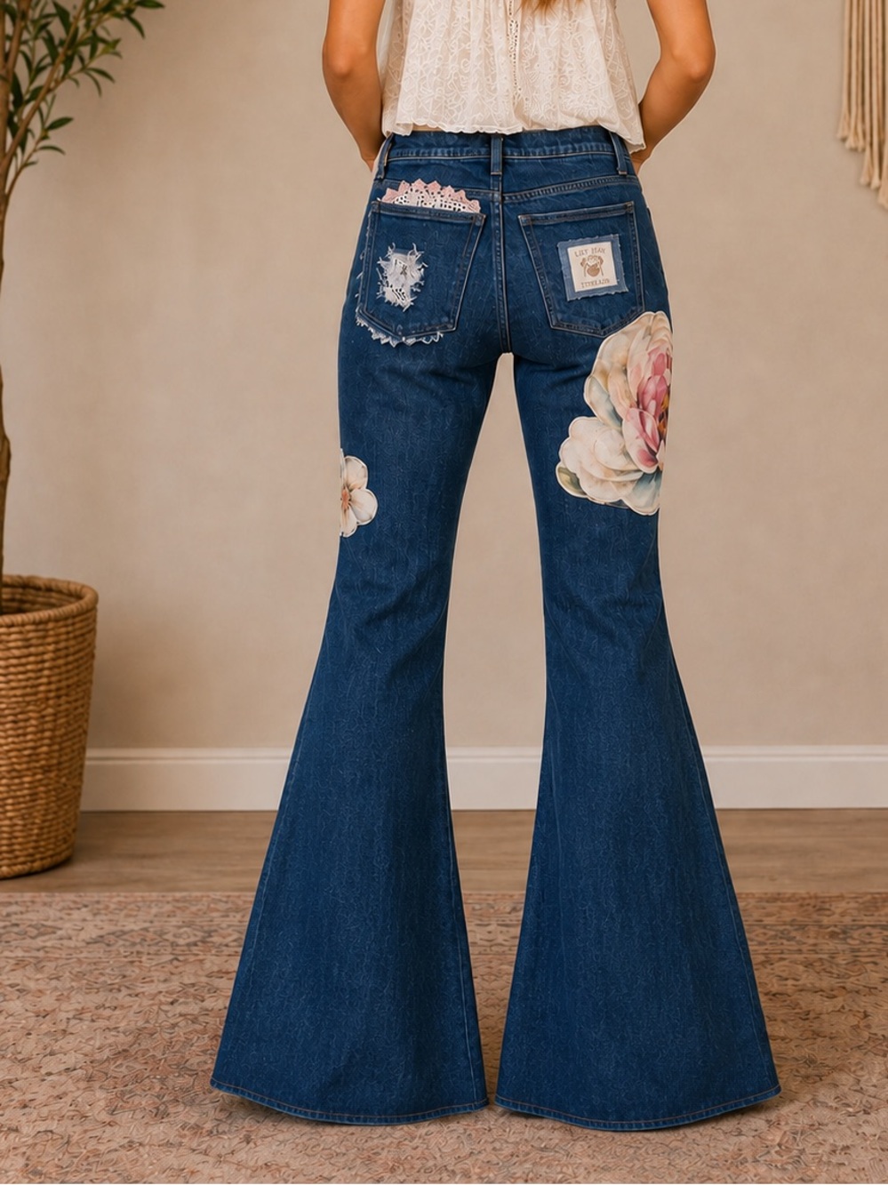 Lily Jean threads Women’s Dark Blue Floral Patch Flare Upcycle Jean - Picture 2 of 4